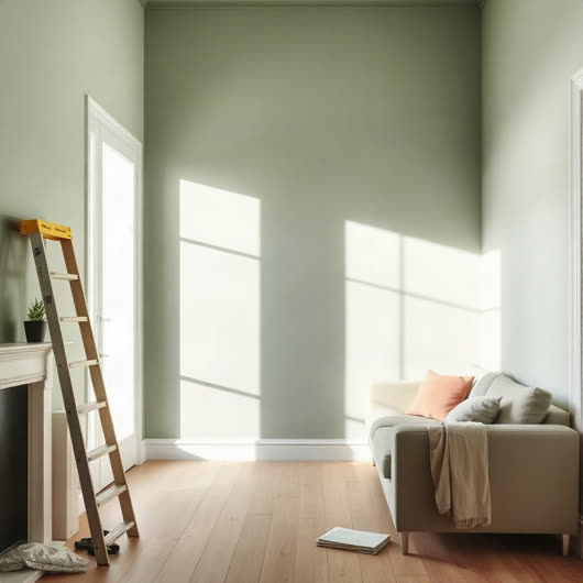 Instagram ad concept for a painting business — freshly painted living room with a sage feature wall