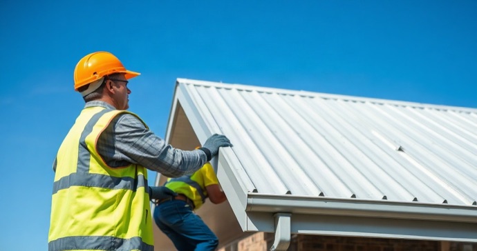 Facebook ad concept for a roofing business — new metal roof being installed