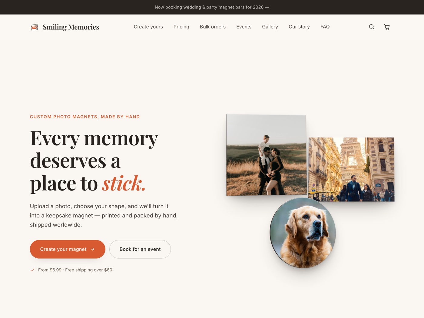 Smiling Memories website — custom photo magnets, printed by hand in Adelaide